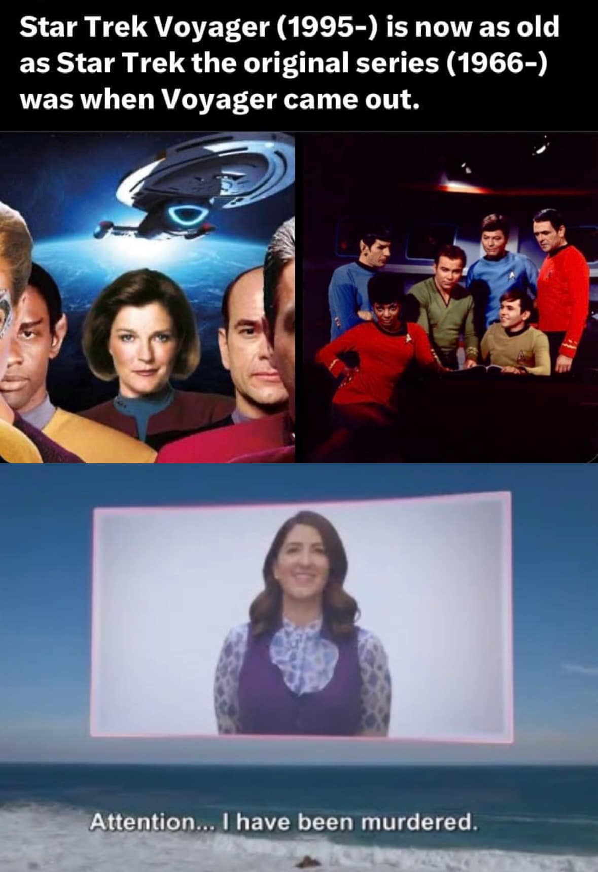 This meme is a humorous comparison between the original Star Trek series (which aired from 1966-1969) and the more recent Star Trek: The Next Generation series, which aired from 1987-1994. The meme juxtaposes a young William Shatner (who played Captain James T. Kirk in the original series) with a younger Patrick Stewart (who played Captain Jean-Luc Picard in The Next Generation). The text "In 1966, I was a young, handsome, and vigorous 40-year-old" appears in the image, poking fun at the idea that the original series was set in the 23rd century, but the actors were actually much older when the show first aired.